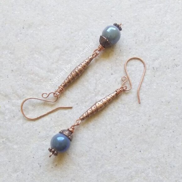 Handmade! Beautiful Denim Blue Beads & Copper Hardware - Unique Dangle Earrings - Picture 2 of 10